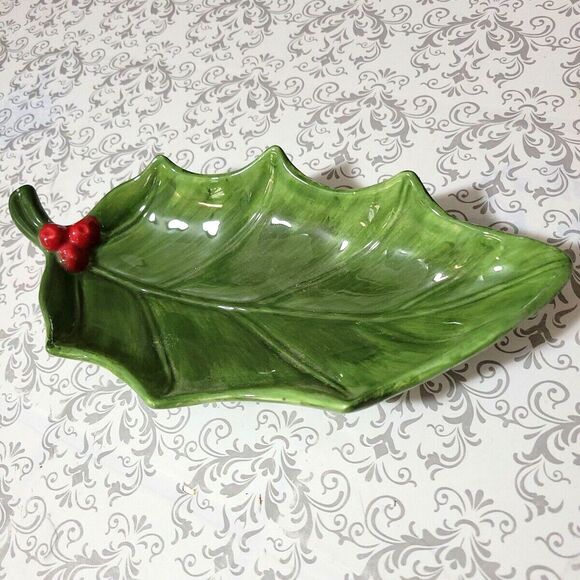 Maxcera Holly Berry  Porcelain Leaf Serving Dish 10" stem to point 5" wide. EUC - Picture 2 of 10
